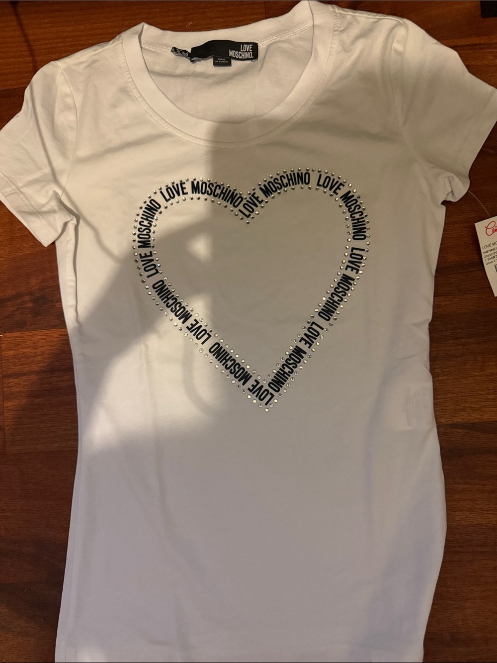 Love Moschino White Short Sleeve Tee with Studded Heart Logo